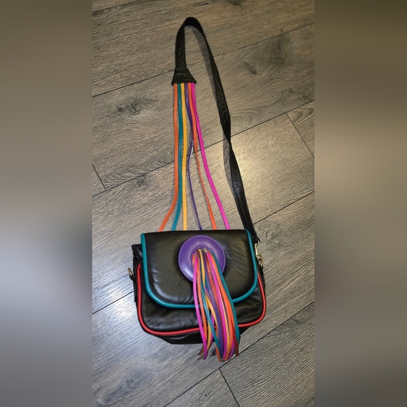 Leather Vintage Noble Crossbody Multicolor Fringe USA Festival Bag 80s Cochella - Picture 4 of 10